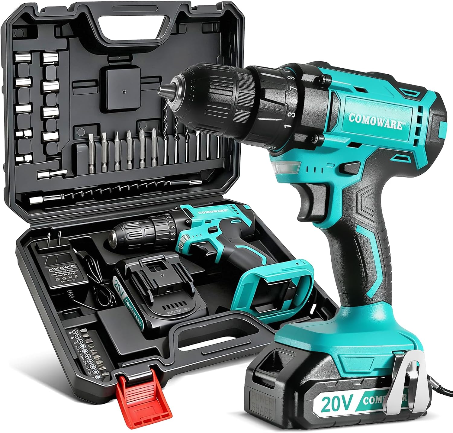 COMOWARE Cordless Drill, Electric Power Drill & Bits Set w/Charger& Battery