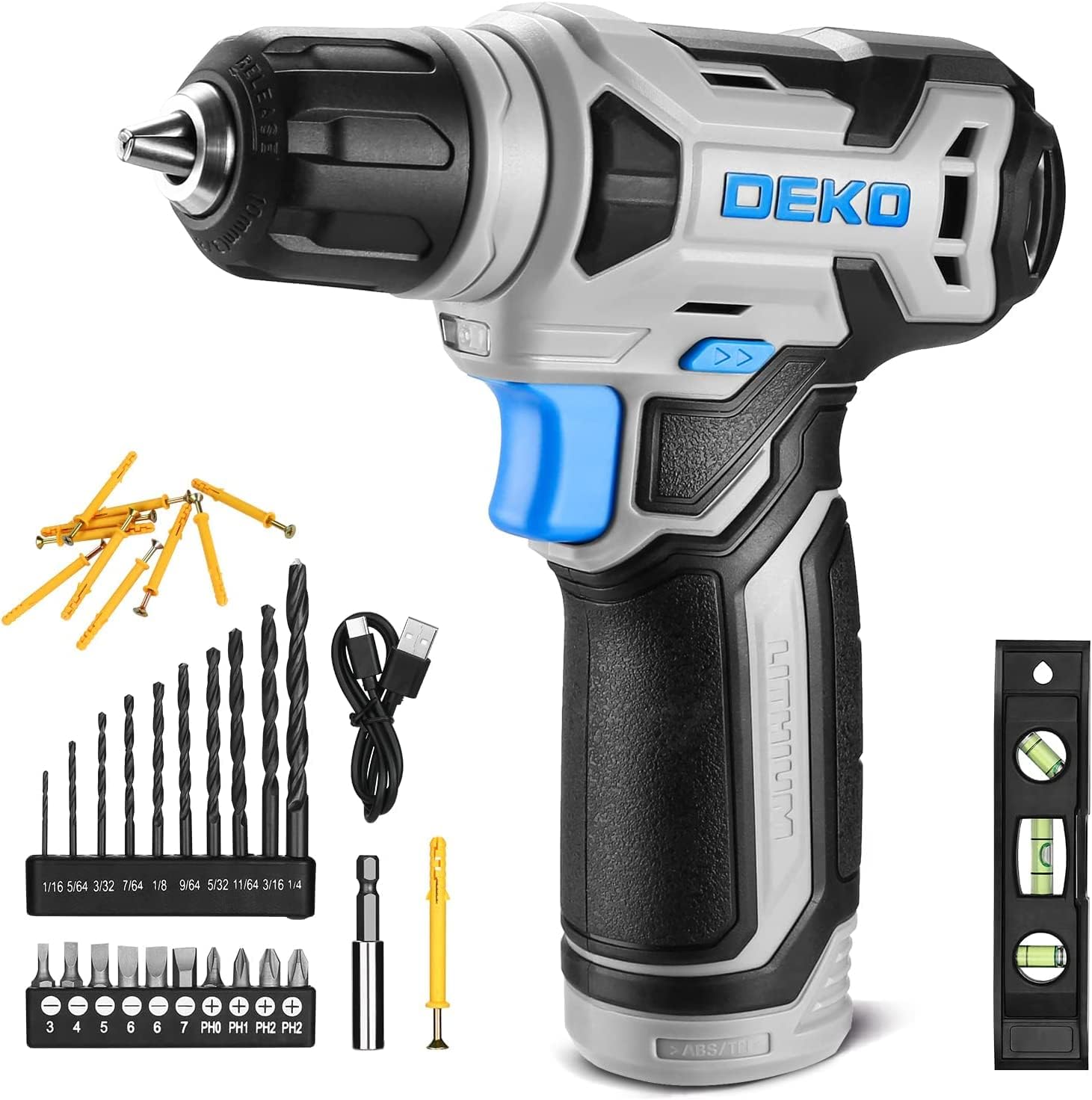 DEKOPRO 8V Cordless Drill, Drill Set with 3/8"Keyless Chuck, Built-in LED, Type-C Charge Cable, 42pcs Acessories