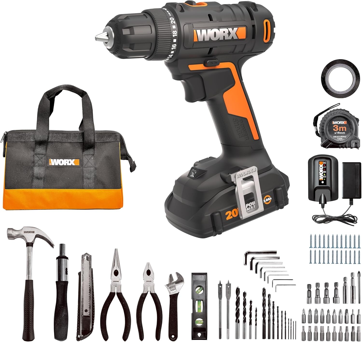 WORX Cordless Drill Driver, 20V 3/8-Inch 84-Piece Kit