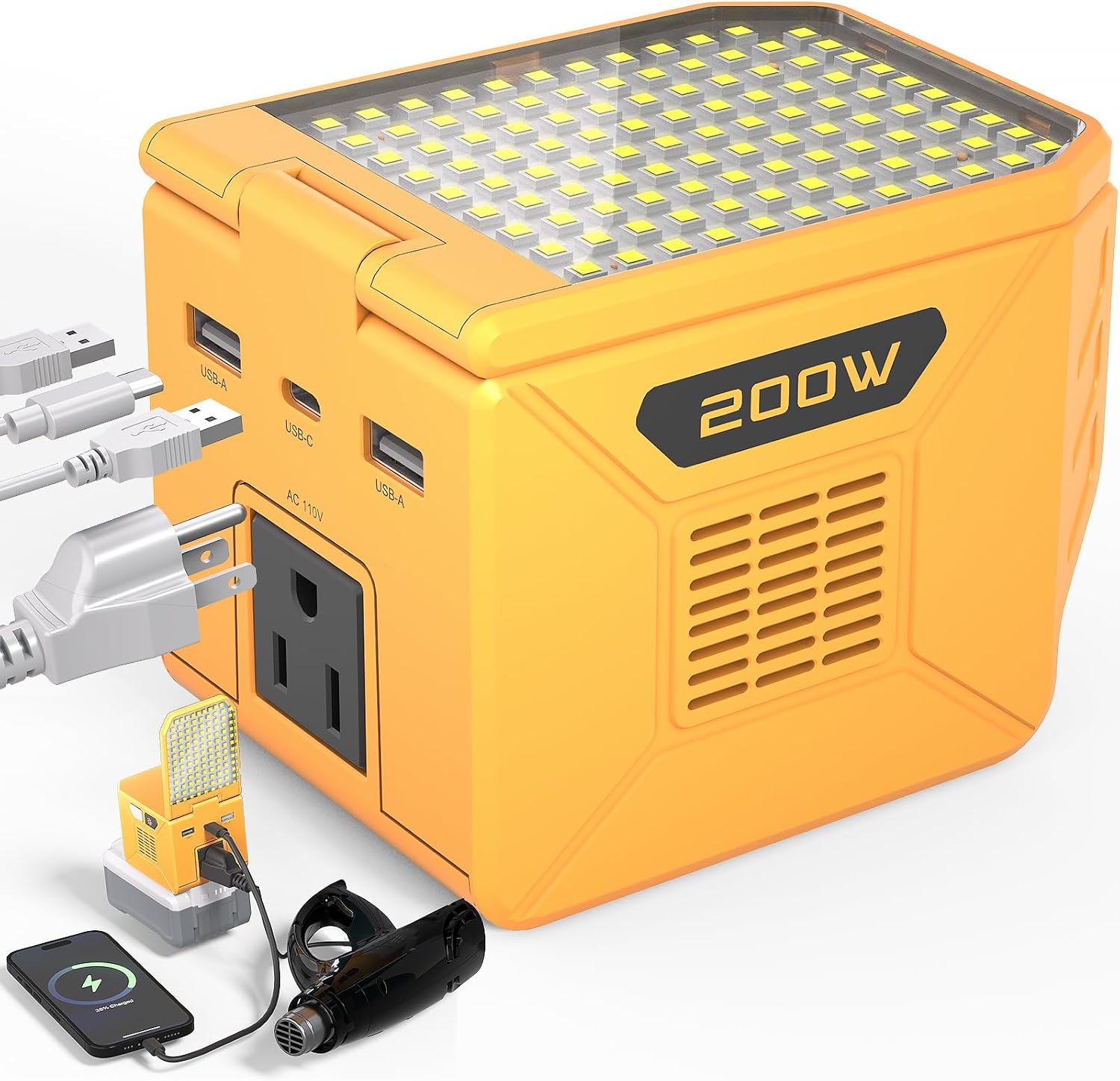 Power Inverter for DeWalt 20V Battery 200W (350W Peak), Portable Power Station Outdoor Generator Battery Converter with 2 USB-A &1 USB-C&110V AC & 500 LM LED Light (Tool Only)