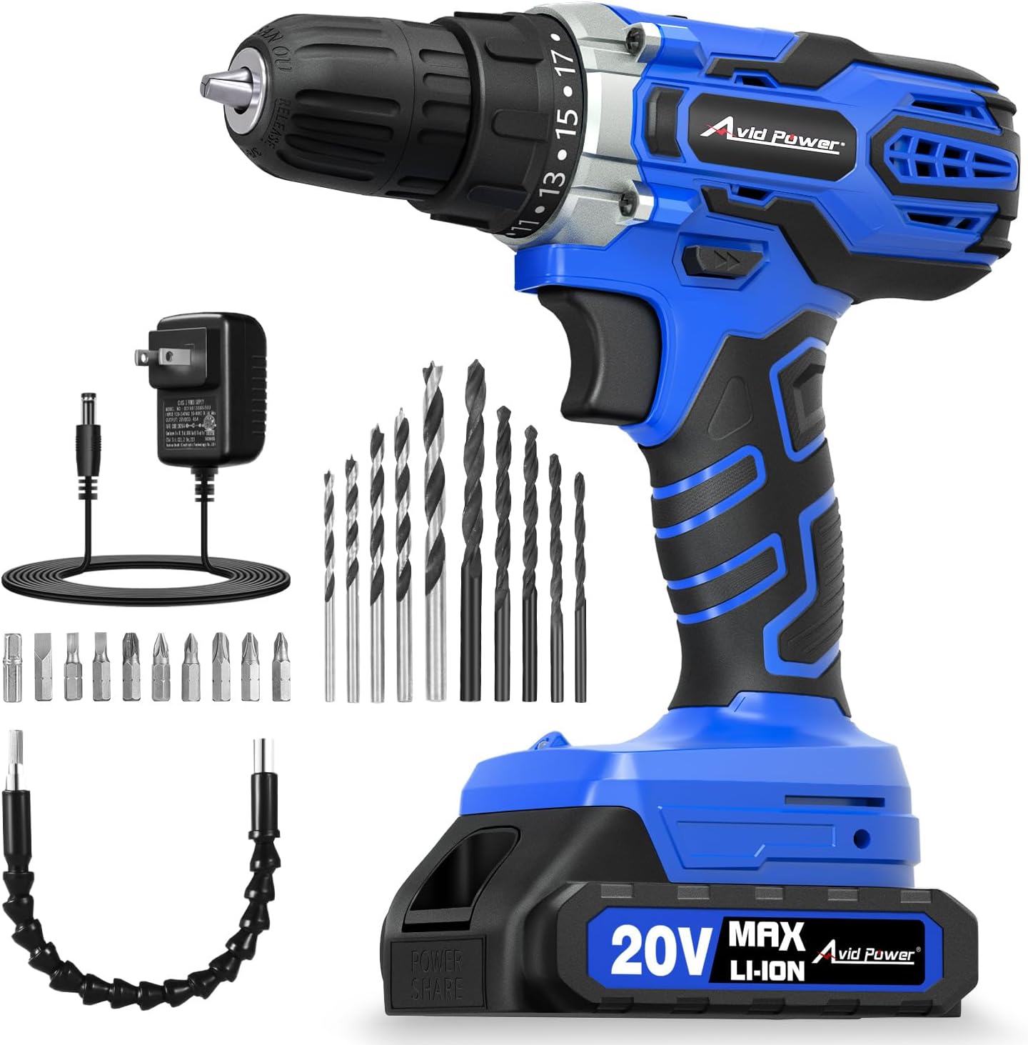 AVID POWER 20V Cordless Drill Set with Battery & Charger for Home DIY-Blue